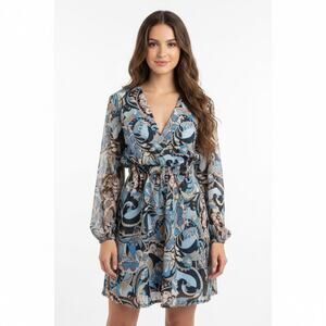 Boston Proper Paisley Mini Dress Blue Sheer Puff Sleeve 14 V Neck Resort Summer